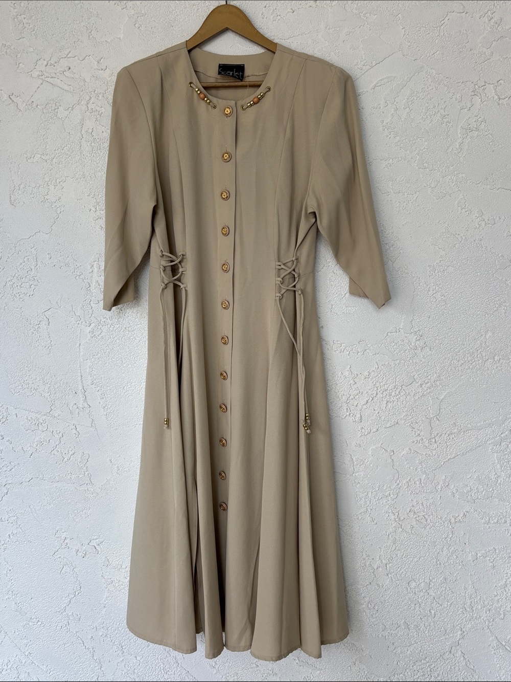 Scarlett Beige Midi Dress with Gold Buttons vintage